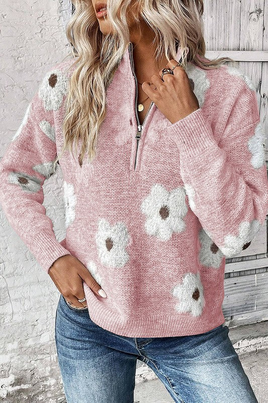 Women Floral Pattern Zip Drop Shoulder Sweater