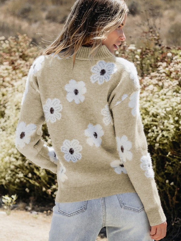 Women Floral Pattern Zip Drop Shoulder Sweater