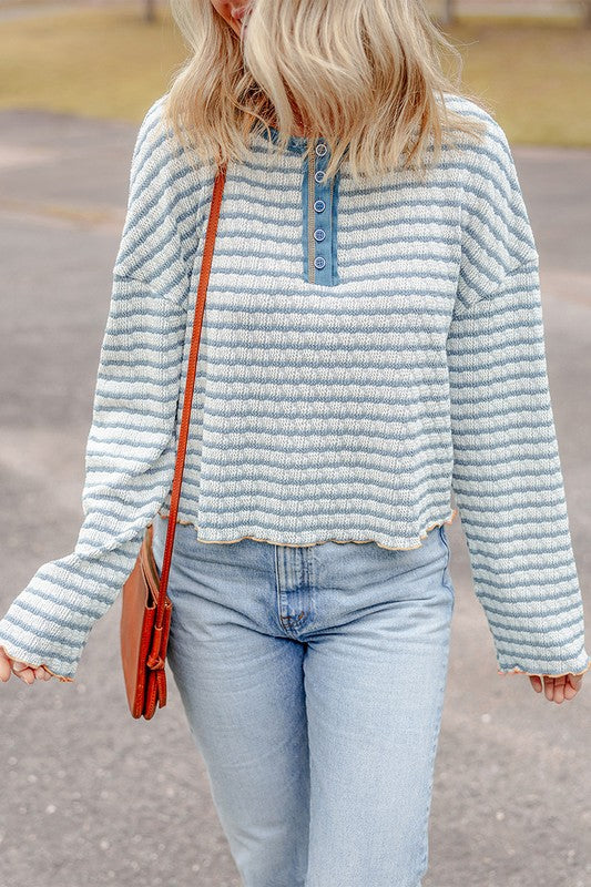 Stripe Textured Frilly Trim Henley Long Sleeve Top