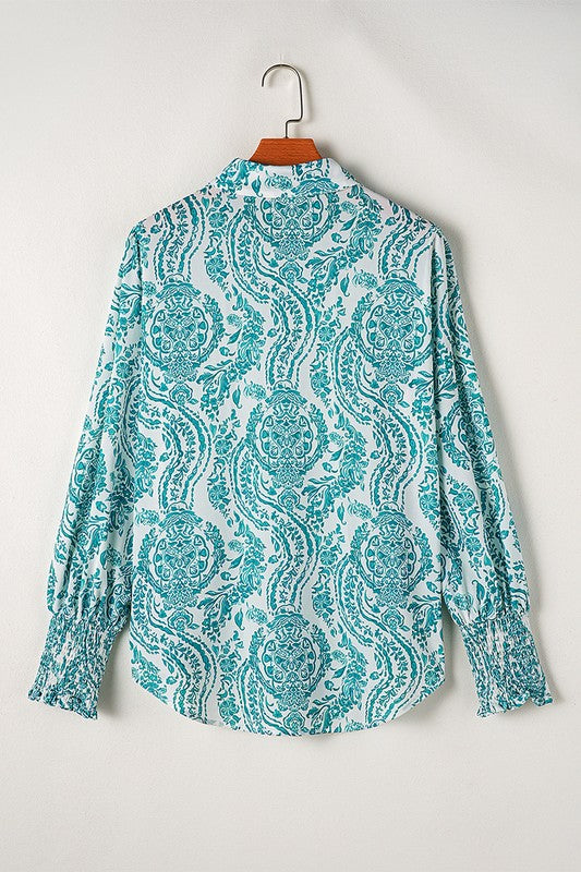 Women Print Smocked Cuff Buttoned Loose Shirt