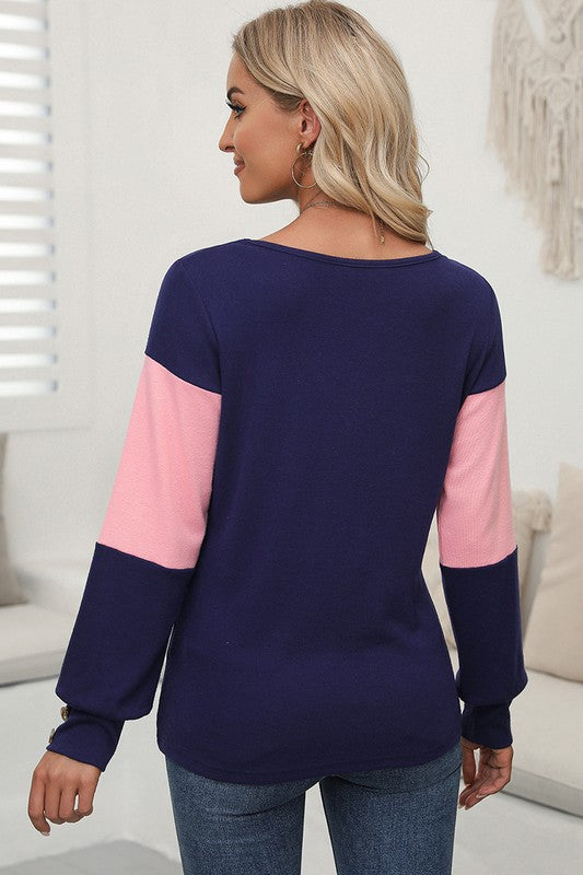 Women Colorblock Decor Long Sleeve V Neck Top