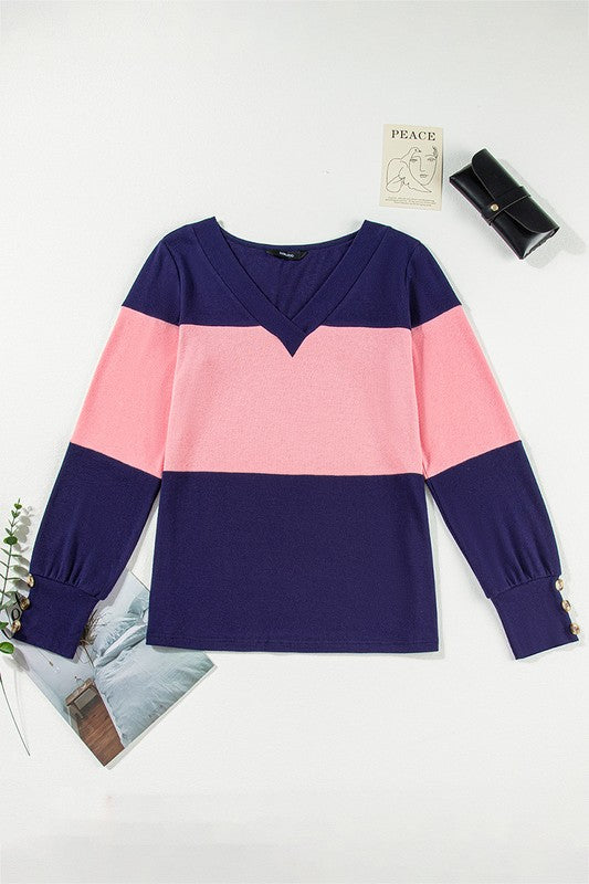 Women Colorblock Decor Long Sleeve V Neck Top