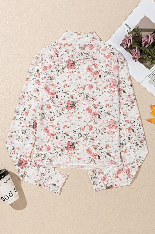 Floral Long Sleeve High Neck Sheath Mesh Shirt