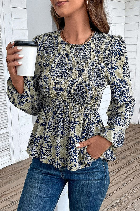 Boho Printed Balloon Sleeve Smocked Peplum Blouse