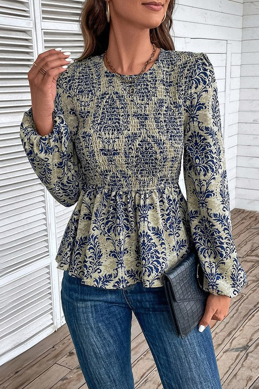 Boho Printed Balloon Sleeve Smocked Peplum Blouse