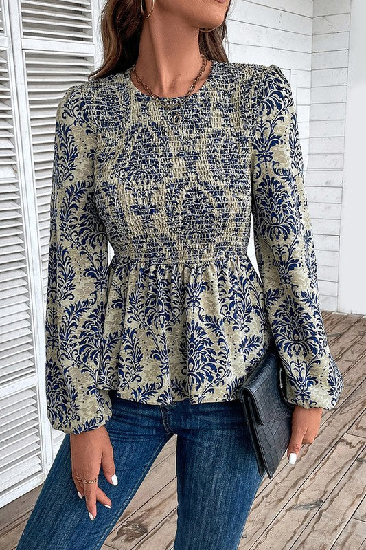 Boho Printed Balloon Sleeve Smocked Peplum Blouse