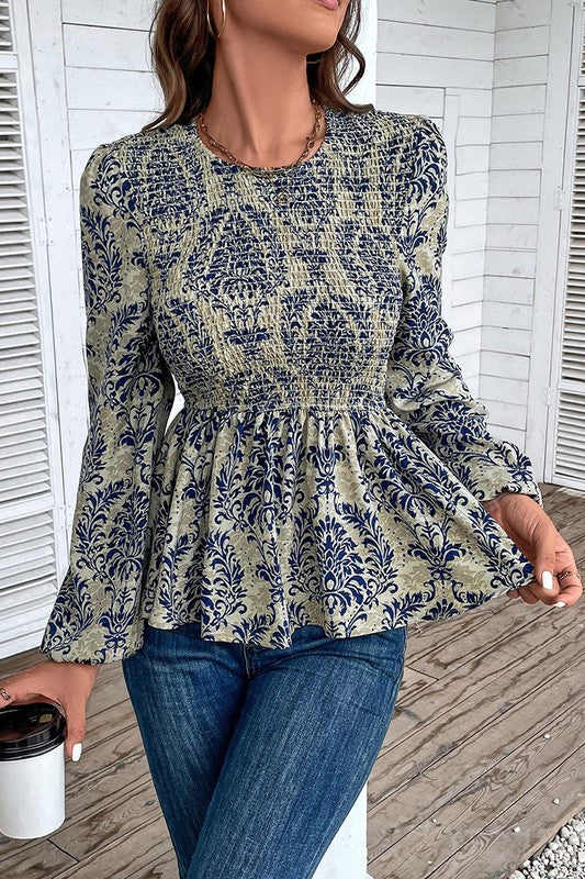 Boho Printed Balloon Sleeve Smocked Peplum Blouse