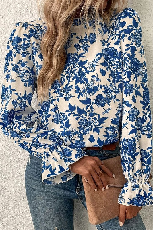 Women Floral Print Flounce Sleeve Keyhole Blouse