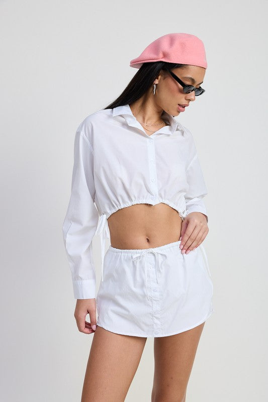 BUTTON UP CROPPED SHIRT WITH DRAWSTRINGS