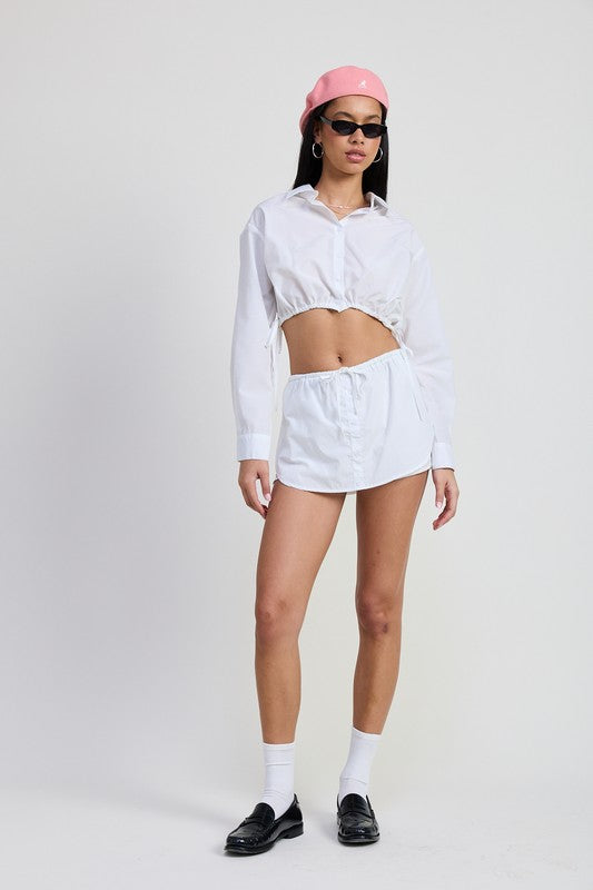 BUTTON UP CROPPED SHIRT WITH DRAWSTRINGS