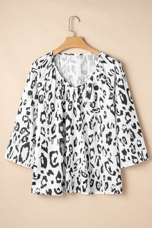 Leopard Print V Neck 3/4 Sleeve Blouse