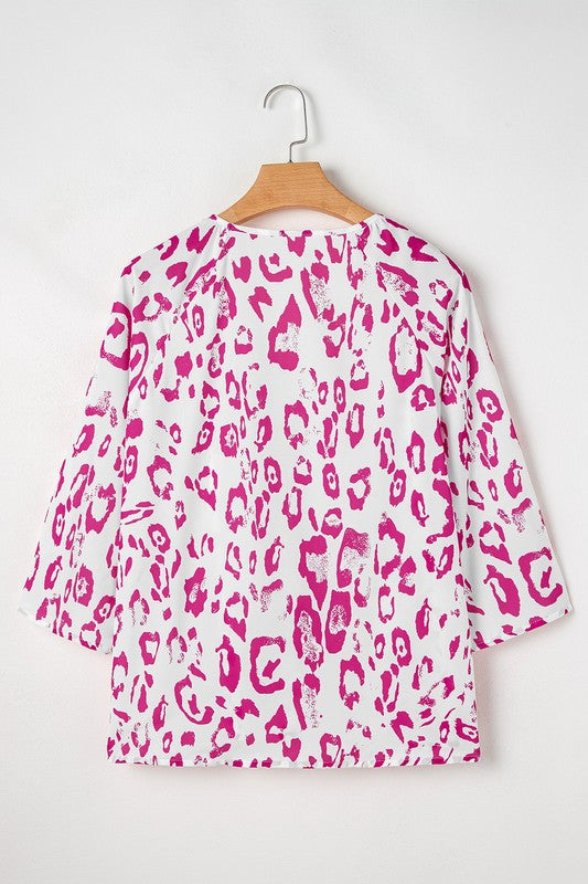 Leopard Print V Neck 3/4 Sleeve Blouse