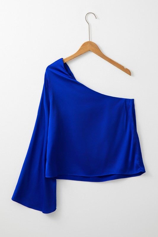 Women One Shoulder Bell Sleeve Satin Blouse