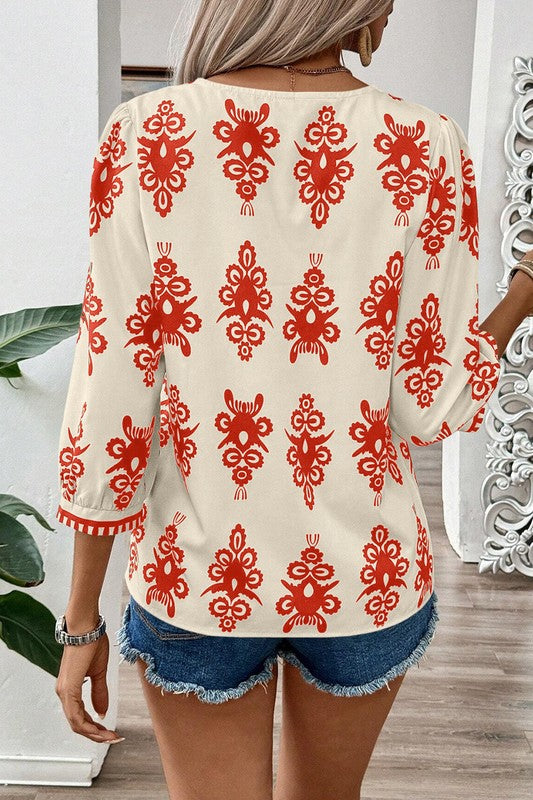 Women Geometric Printed 3/4 Sleeve V Neck Blouse