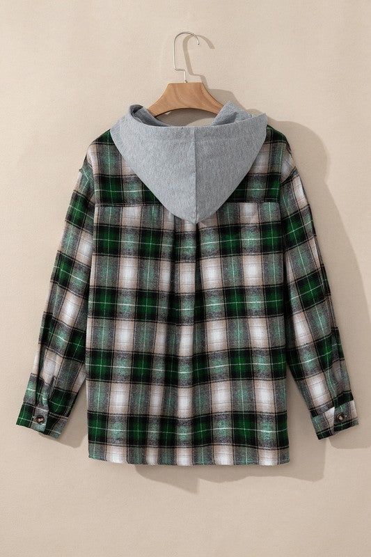 Women Plaid Print Chest Hooded Shacket Jackets