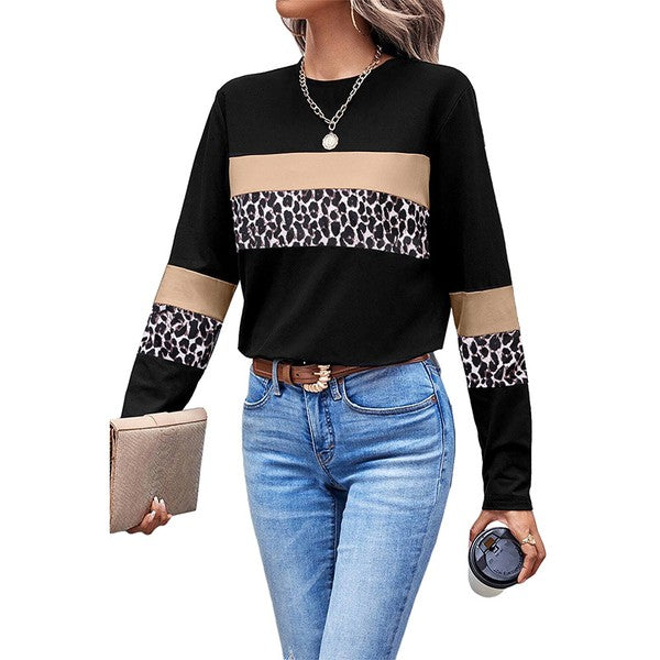 Colorblock Patchwork Crew Neck Long Sleeve Tee