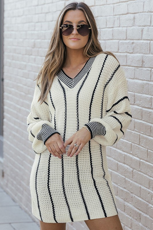 Women Striped V Neck Knitted Loose Sweater