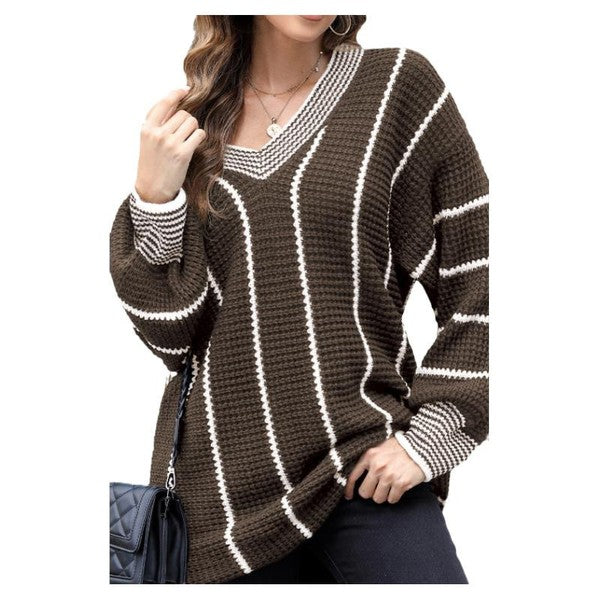 Women Striped V Neck Knitted Loose Sweater