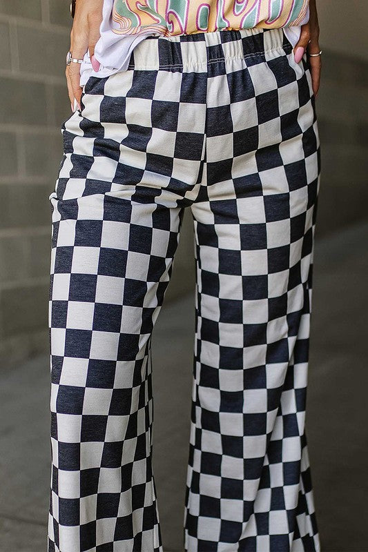 2-Tone Checked Print High Waist Wide Leg Pants