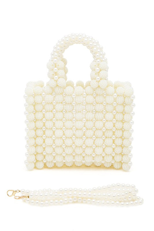 Braided Pearl Structure Top Handle Clutch Bag