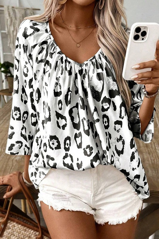 Women Leopard Print V Neck 3/4 Sleeve Blouse