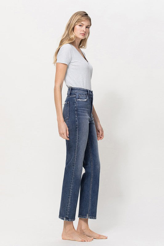 Distressed High Rise Stretch Ankle Straight Denim Pants