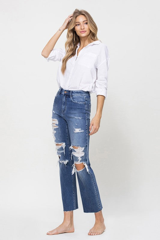 Distressed High Rise Ankle Relaxed Straight Rip Denim Pants