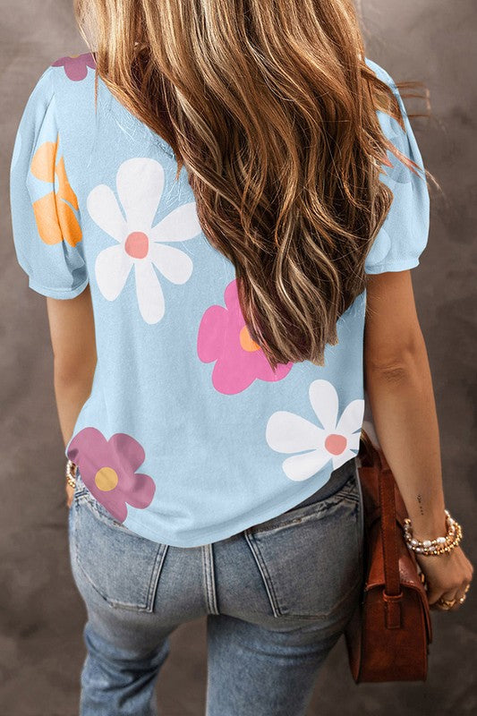 Woemn Pink Flower Print Bubble Sleeve Tee