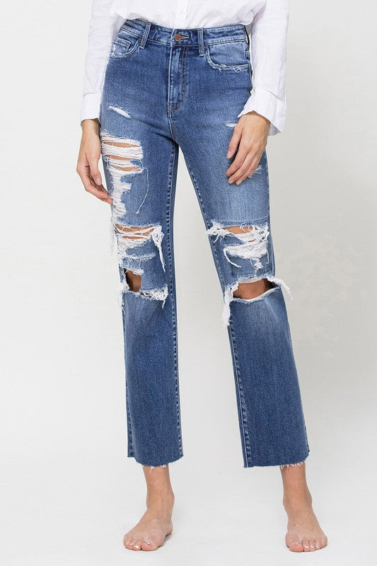 Distressed High Rise Ankle Relaxed Straight Rip Denim Pants