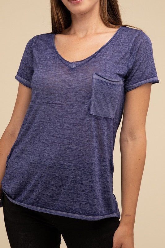 Washed Melange Burnout Scoop V-Neck Top