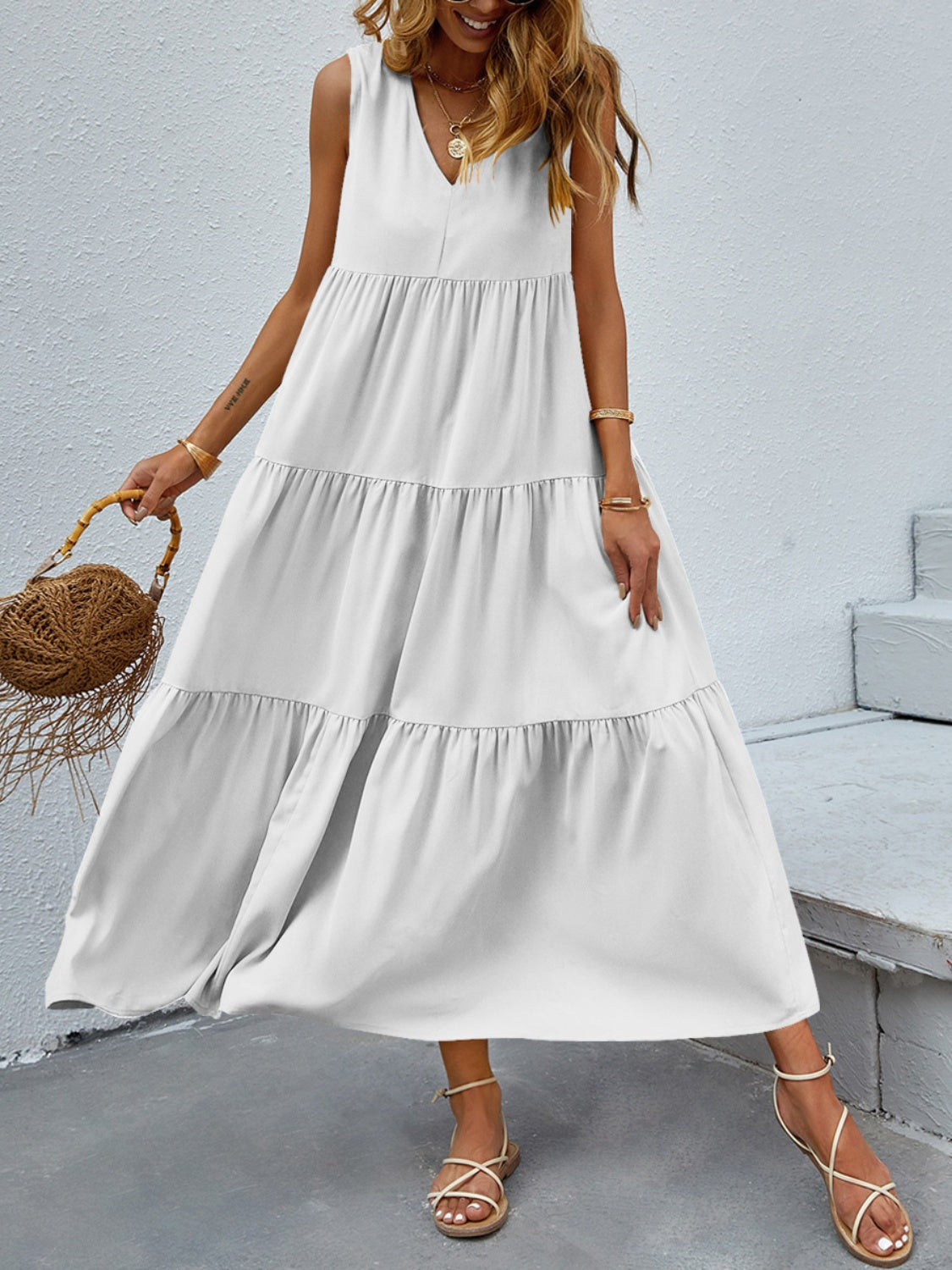 Tiered V-Neck Sleeve Dress