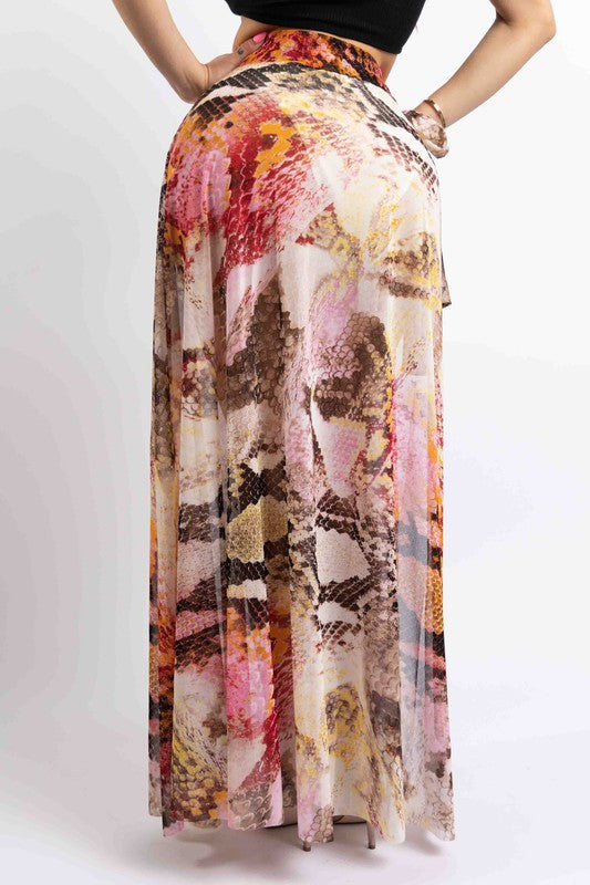 Printed Mesh Maxi Skirt