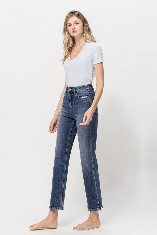 Distressed High Rise Stretch Ankle Straight Denim Pants