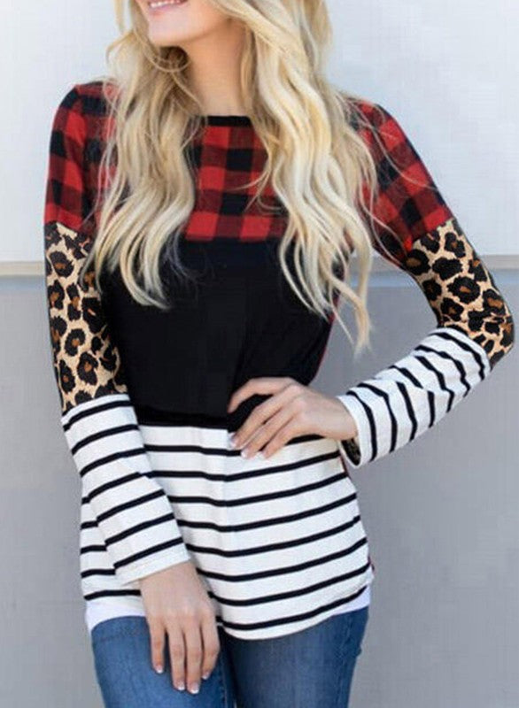 Women Splicing Striped Color Block Long Sleeve Top