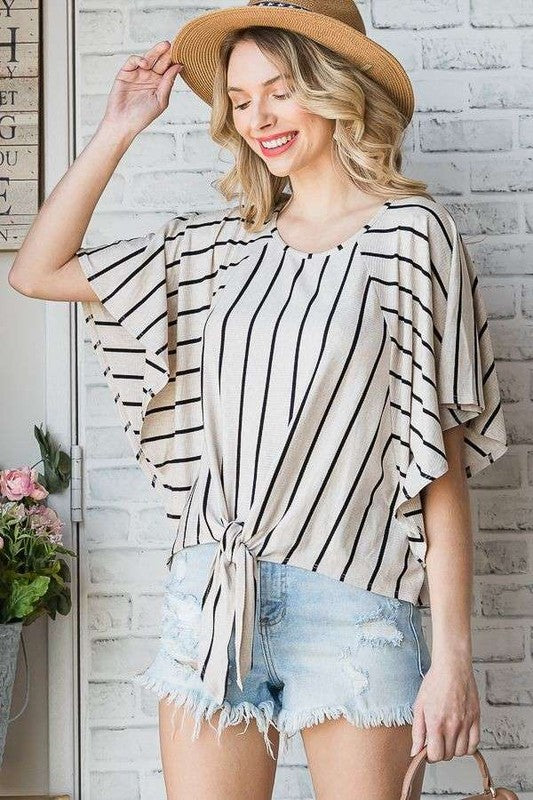 STRIPE PRINT TIE HEM ROUND NECK CAPE SLEEVE TOP