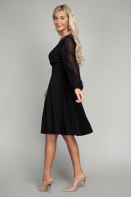 Swiss Dot Puff Sleeve V Neck Dress