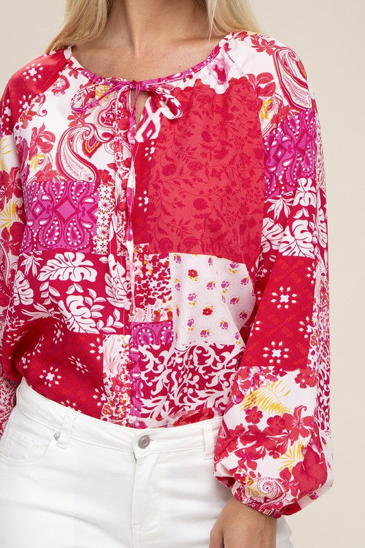 Patchwork Print Tie Neck Blouse