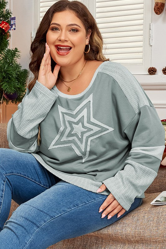 Women Stars Patchwork Round Neck Plus Size T Shirt