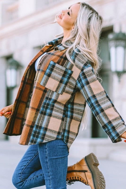 Women Plaid Block Buttoned Shirt with Pockets