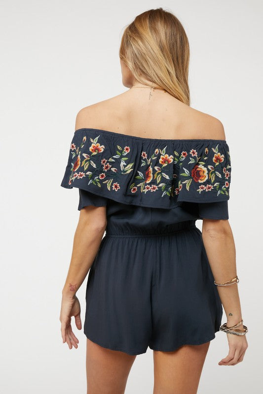 FLORAL EMBROIDERED OFF SHOULDER ROMPER