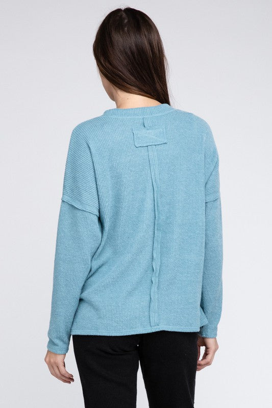 Ribbed Brushed Melange Hacci Sweater with a Pocket