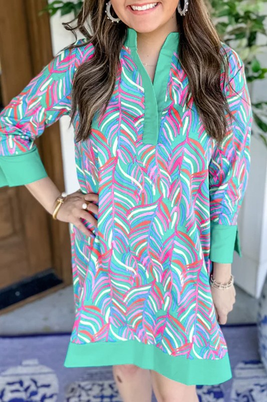 Women Print Split Neck Bracelet Sleeve Shift Dress