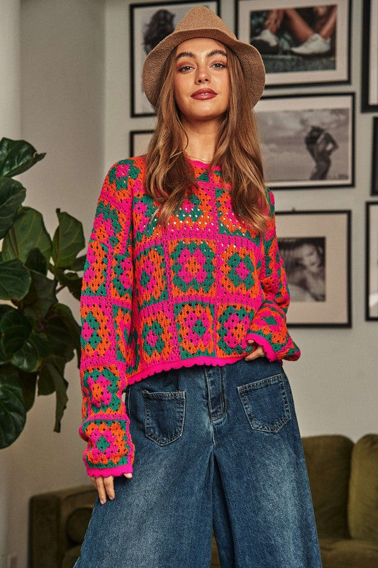 Crochet Patchwork Round Neck Pullover Sweater Top