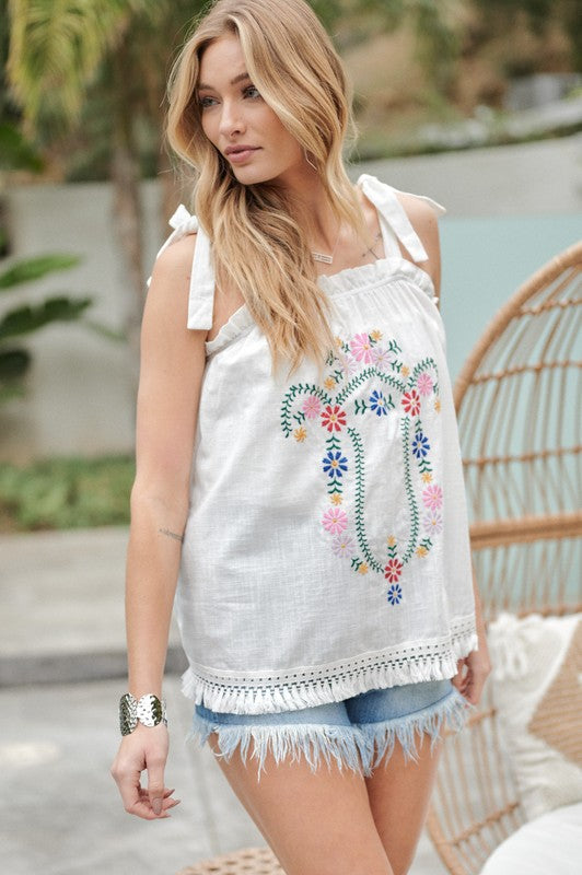 EMBROIDERED SLEEVELESS RUFFLE TANK TOP