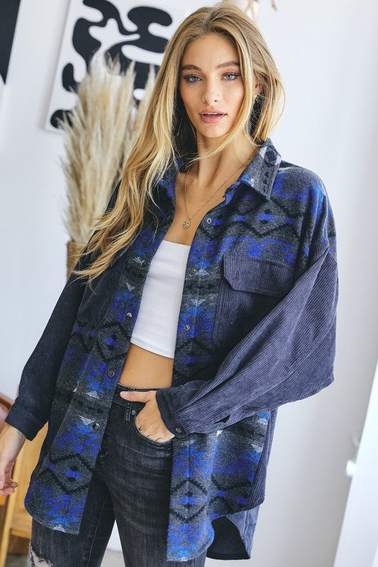 PLUS PRINTED BUTTON DOWN LONG SLEEVE JACKET