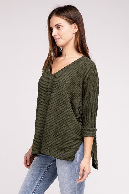 3/4 Sleeve V-Neck Hi-Low Hem Jacquard Sweater