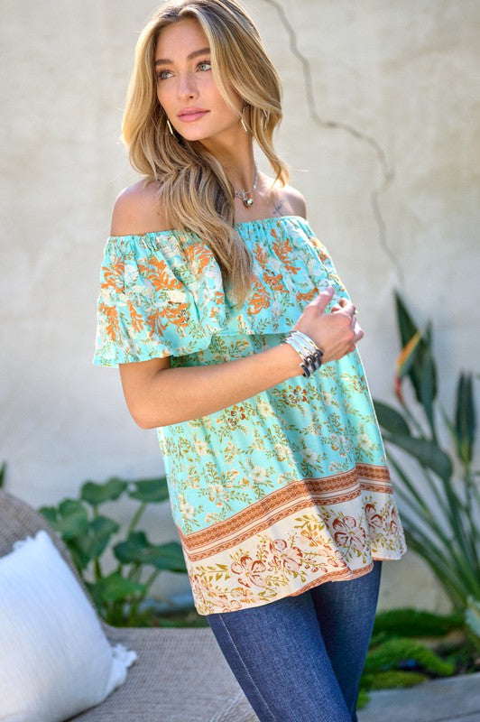 PRINTED OFF SHOULDER SMOCKED TOP