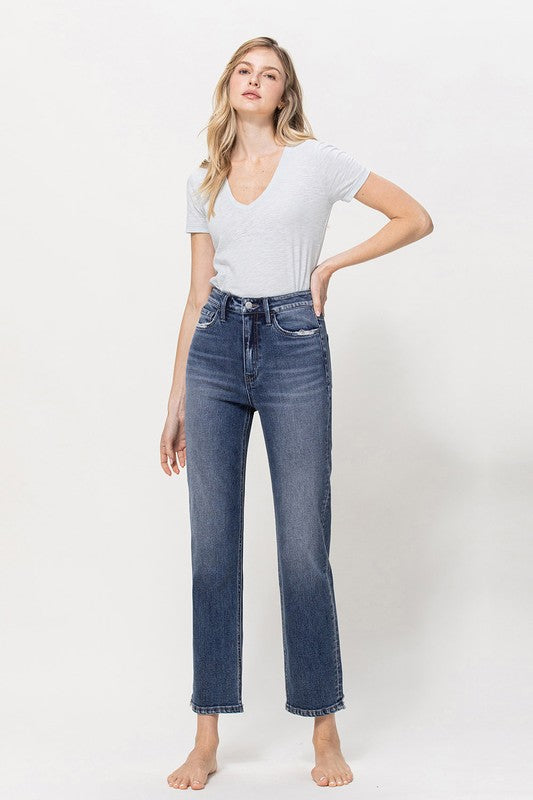 Distressed High Rise Stretch Ankle Straight Denim Pants