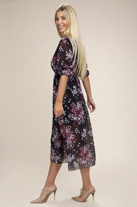 Floral Print  V Neck Midi Dress