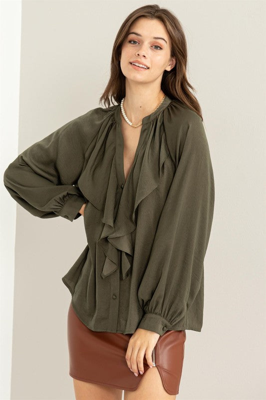 TRY TO KEEP UP LONG SLEEVE RUFFLED BLOUSE